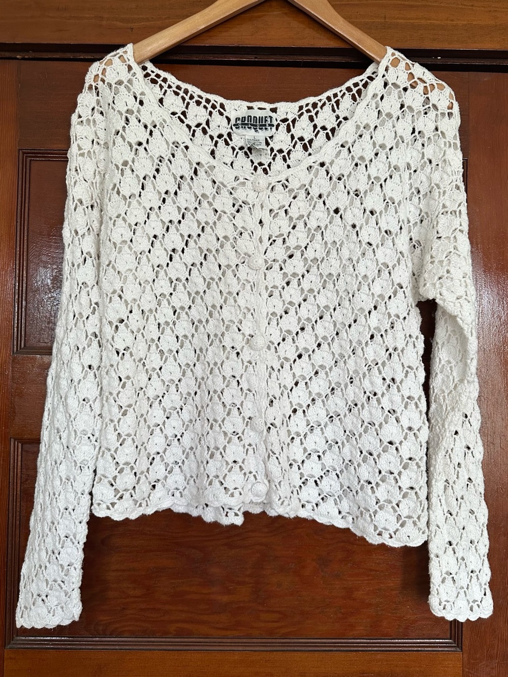 Vintage Crochet Lace Open Knit Cardigan Large White Coastal Grandmacore 90s